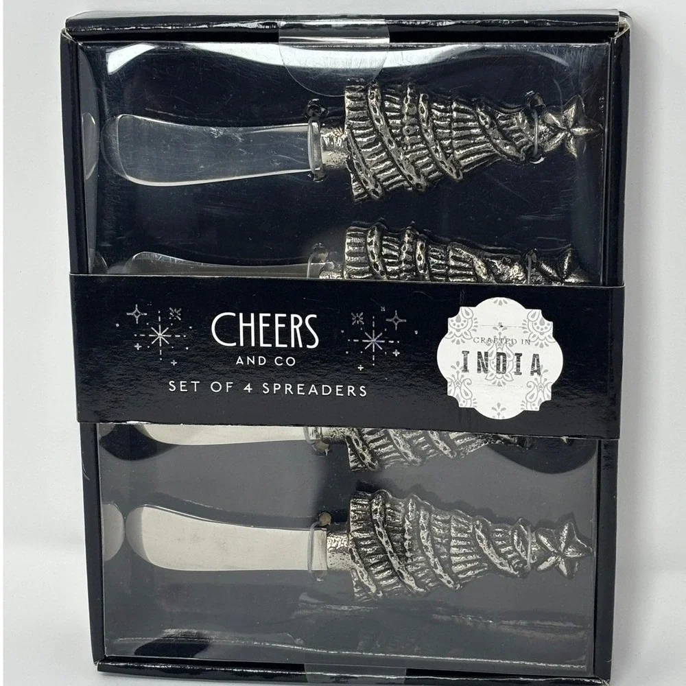 Cheers and Co Christmas Tree Cheese Spreaders Set of 4 Silver Tone Holiday New